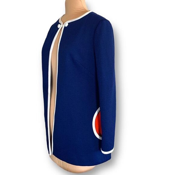 Vintage Judy Wayne Jacket Blue White Open Front Red Geometric Collarless Blazer - Picture 3 of 10